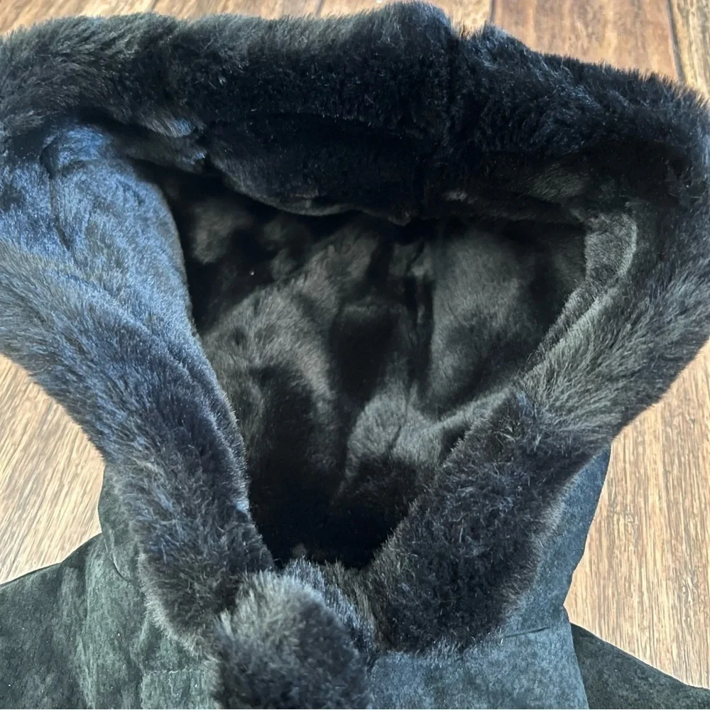 Wilsons Leather Girls Black Suede Fur Trimmed Coat XS Kids Hooded 4 5 Jacket